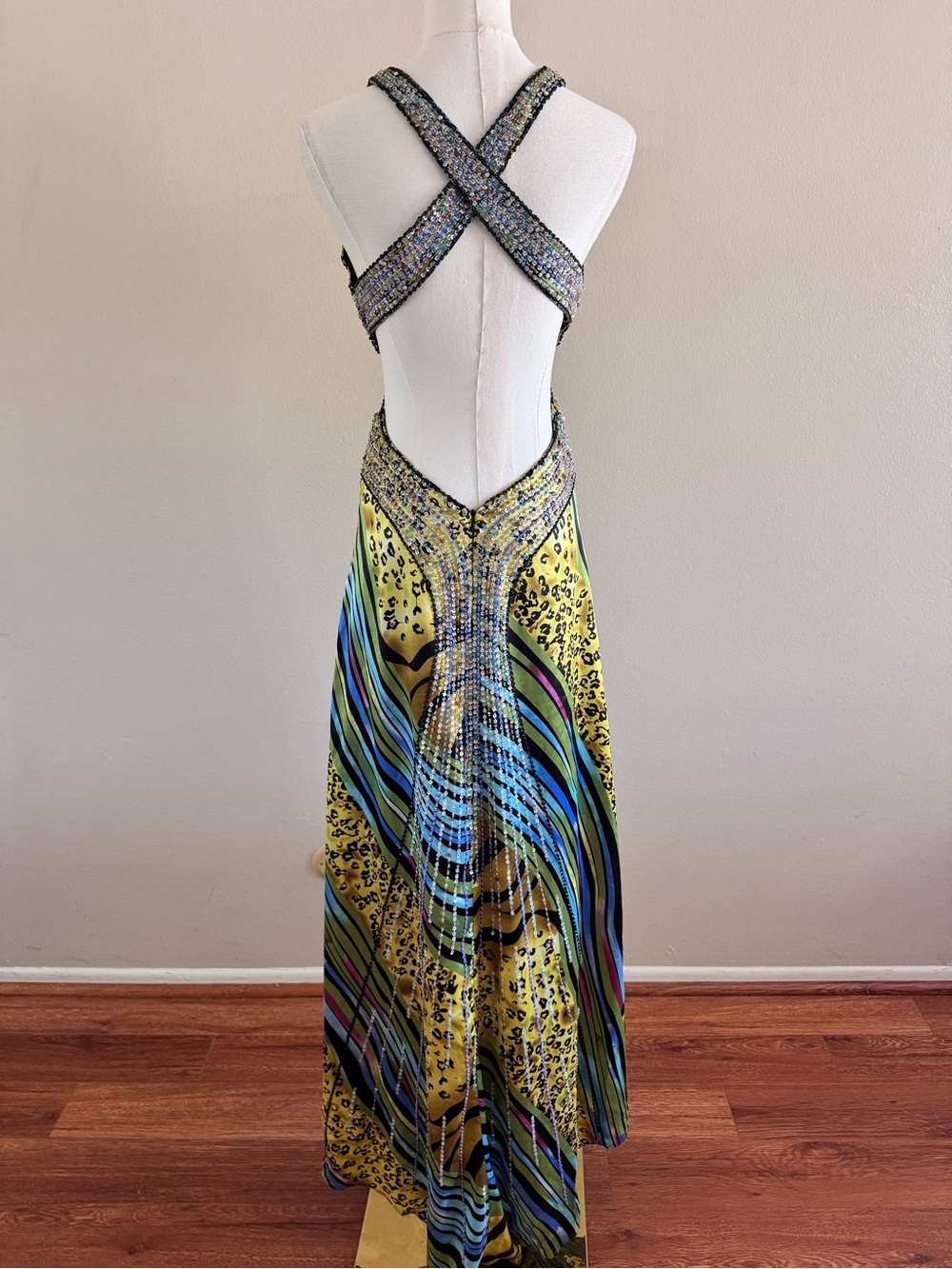 La Femme Vintage Y2K Beaded Open Back Gown - 100% Silk